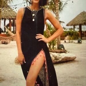 Pitusa Tassel Maxi Split Dress Black With Vibrant Pink Tassels